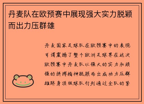 丹麦队在欧预赛中展现强大实力脱颖而出力压群雄