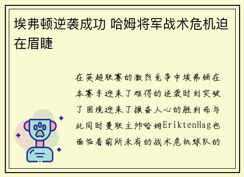 埃弗顿逆袭成功 哈姆将军战术危机迫在眉睫