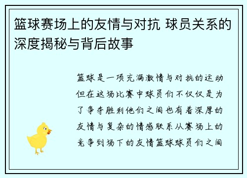篮球赛场上的友情与对抗 球员关系的深度揭秘与背后故事
