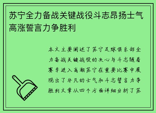 苏宁全力备战关键战役斗志昂扬士气高涨誓言力争胜利
