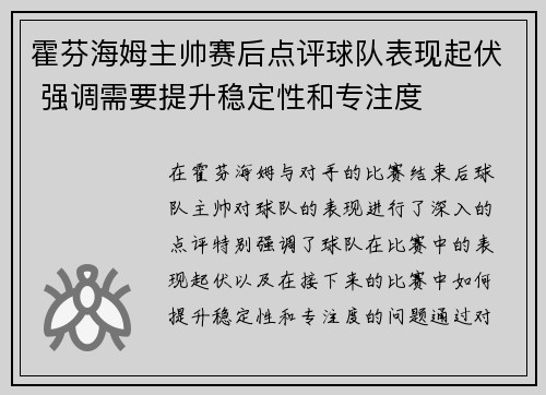 霍芬海姆主帅赛后点评球队表现起伏 强调需要提升稳定性和专注度