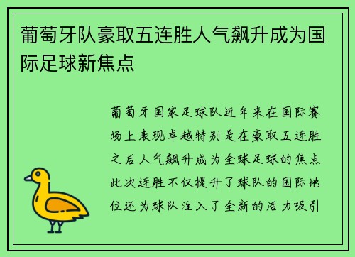 葡萄牙队豪取五连胜人气飙升成为国际足球新焦点